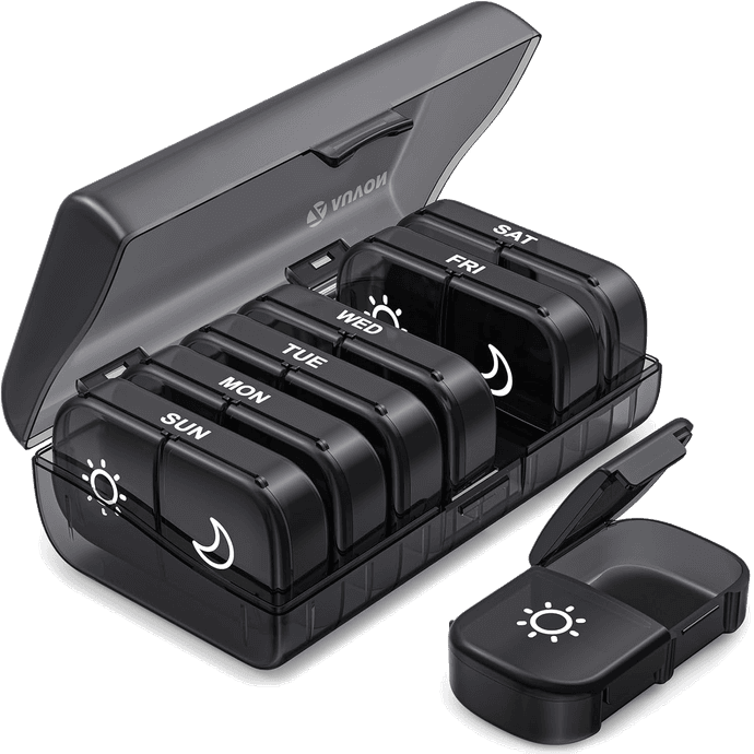 AUVON weekly pill organizer, open, showing all 7 removable AM/PM day pods